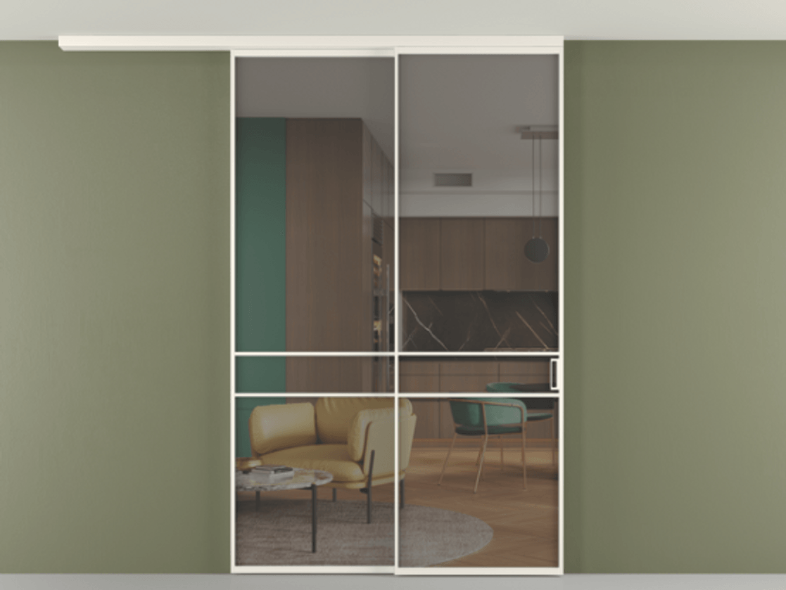 Перегородка Формато вдоль стены на потолок 2 створки с синхронным механизмом АЛПР 040.02 Алюминий пудровый белый Прозрачное серое стекло, триплекс Цена 2097520 AMD | Volhovec