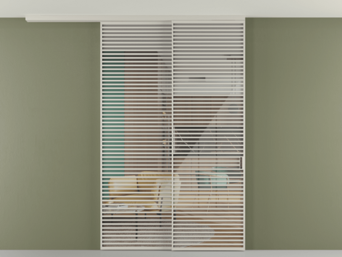 Перегородка Формато вдоль стены на потолок 2 створки с синхронным механизмом АЛПР 040.07 Алюминий тёплый серый Рефлективное прозрачное стекло "Стопсол", калёное Цена 3659430 AMD | Volhovec