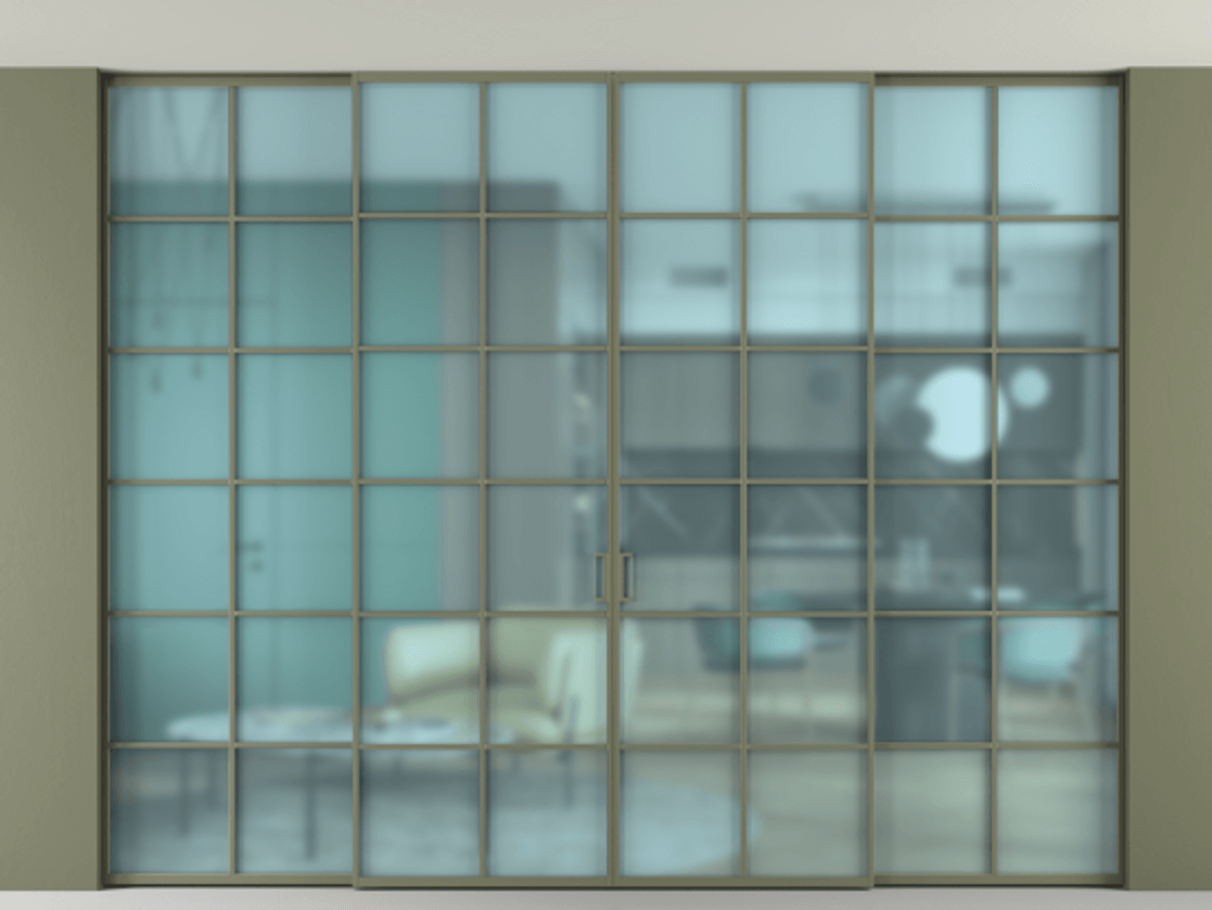 Перегородка Формато внутри проёма скрытое крепление в потолок 4 створки АЛПР 040.05 Алюминий оливковый тёмный Сатинированное голубое стекло, триплекс Цена 3144500 AMD | Volhovec