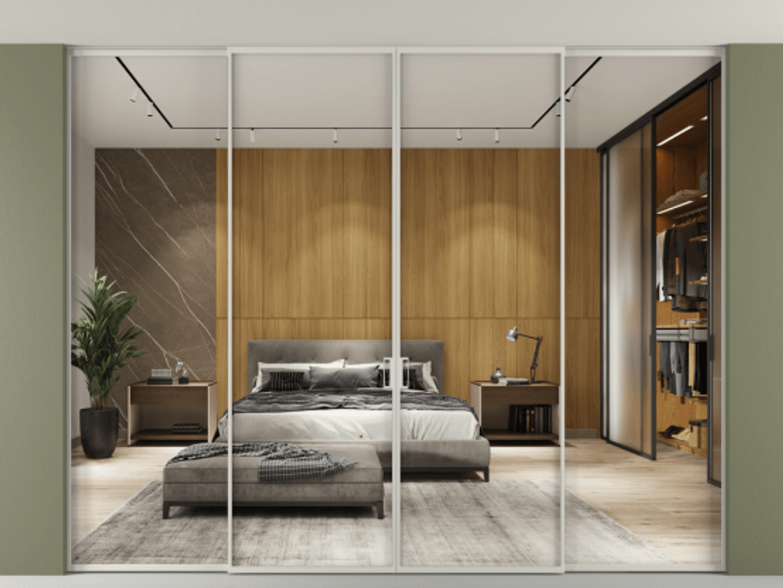 Перегородка Формато внутри проёма скрытое крепление в потолок 4 створки АЛПР 040.01 Алюминий тёплый серый Двустороннее зеркало, триплекс , триплекс 6 мм Цена 2850760 AMD | Volhovec