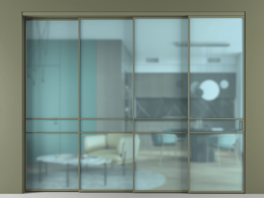 Перегородка Formato внутри проёма 4 створки с синхронным механизмом АЛПР 040.02 Алюминий оливковый тёмный Сатинированное голубое стекло, триплекс Цена 3127300 AMD | Volhovec