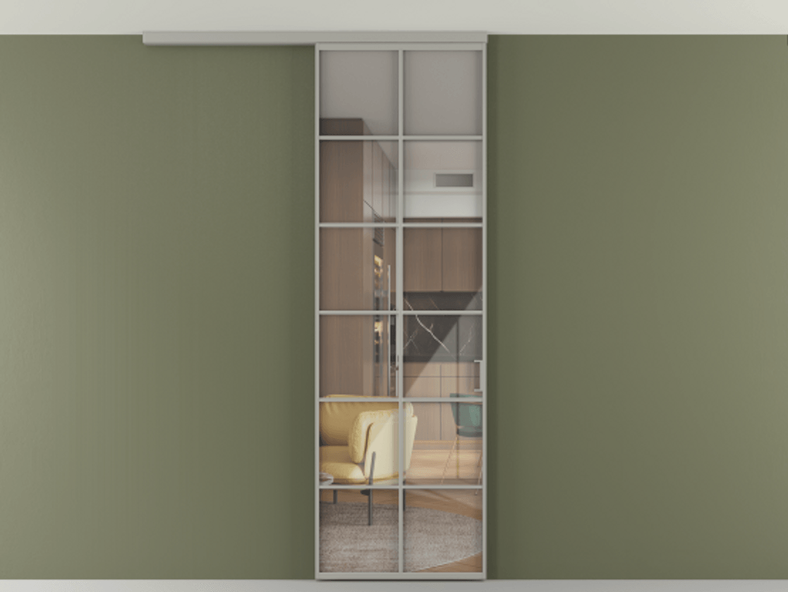 Перегородка Формато вдоль стены на потолок 1 створка АЛПР 040.05 Алюминий нейтральный серый Рефлективное прозрачное стекло "Стопсол", калёное Цена 904300 AMD | Volhovec