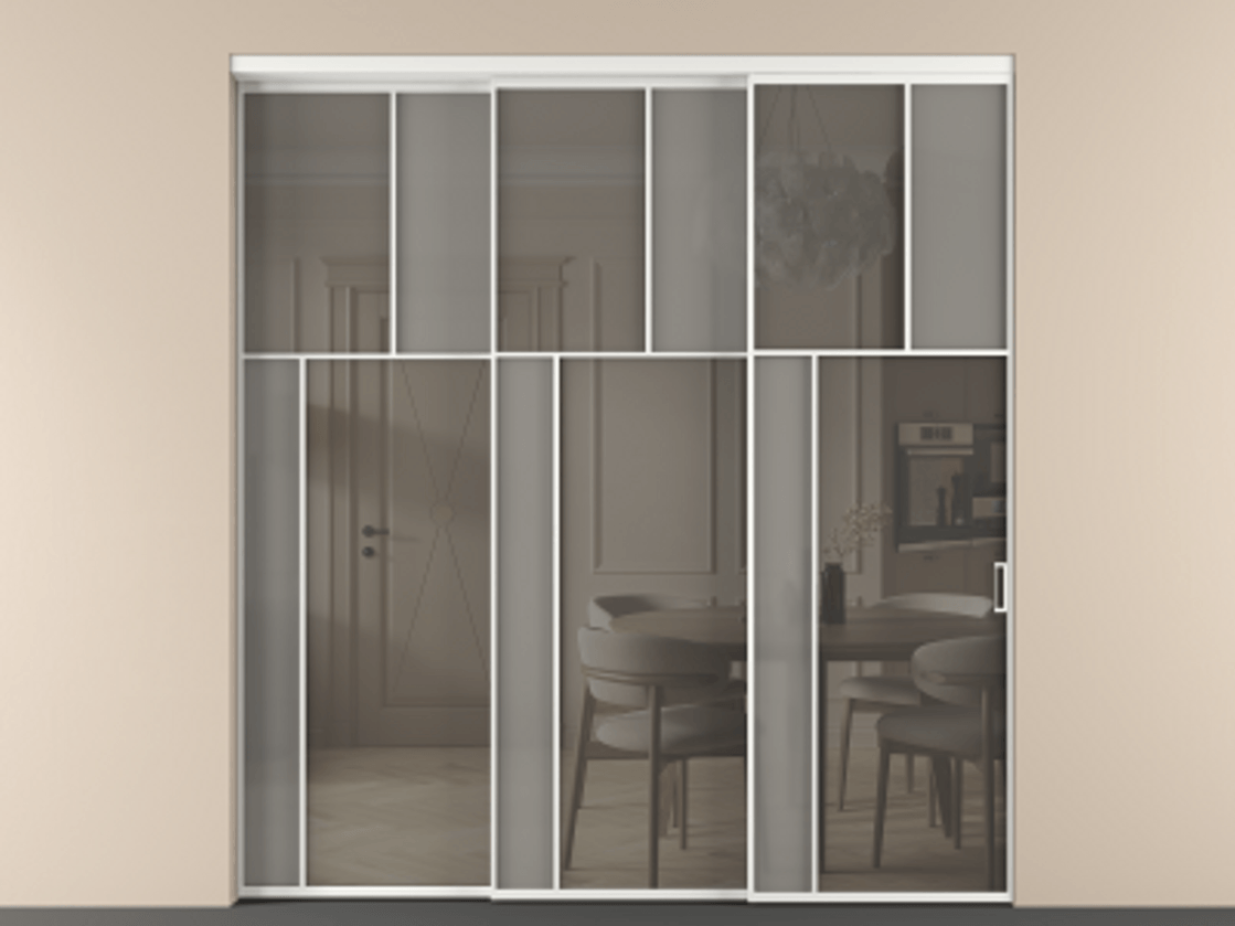 Перегородка Мозаик внутри проёма 3 створки с синхронным механизмом АЛПР 041.22 Алюминий белоснежный Сатинированное серое стекло, триплекс, 6 мм + Прозрачное серое стекло, триплекс Цена 2949760 AMD | Volhovec