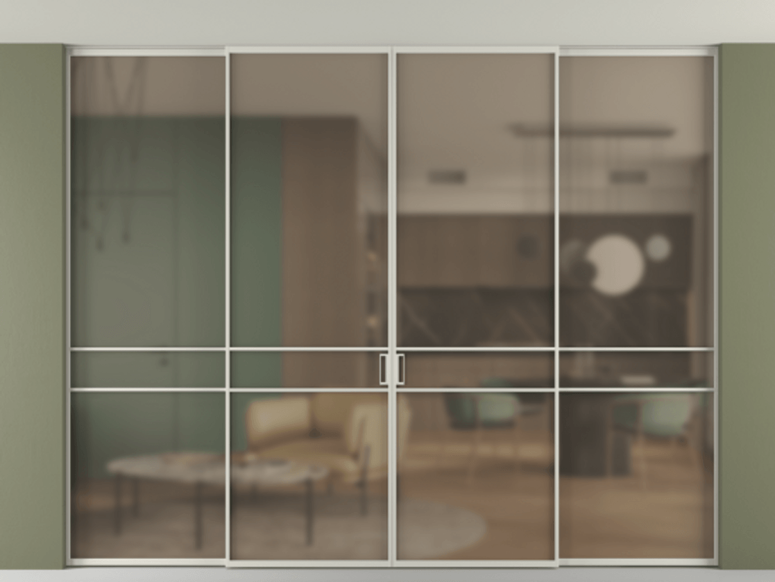 Перегородка Formato внутри проёма скрытое крепление в потолок 4 створки АЛПР 040.02 Алюминий тёплый серый Сатинированное бронзовое стекло, триплекс Цена 2970930 AMD | Volhovec