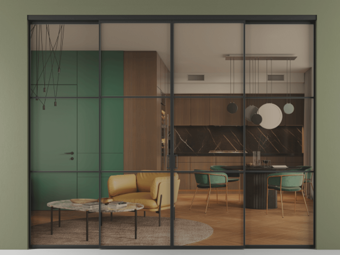 Перегородка Formato внутри проёма четырёхстворчатая АЛПР 040.03 Алюминий Черный Прозрачное бронзовое стекло, триплекс, 6 мм. Скрытый короб ЧЕР Цена 305280 ₽ 1. Полотно 4 шт.  (800/2100 мм)
2. Комплект установки раздвижной системы
3. Базовый комплект фурнитуры
4.Ручка RONDO. Фабрика дверей Волховец 8 (800) 551 43 19  Перегородка Formato внутри проёма четырёхстворчатая АЛПР 040.03 Алюминий Черный Прозрачное бронзовое стекло, триплекс, 6 мм Цена 305280 ₽  | Volhovec