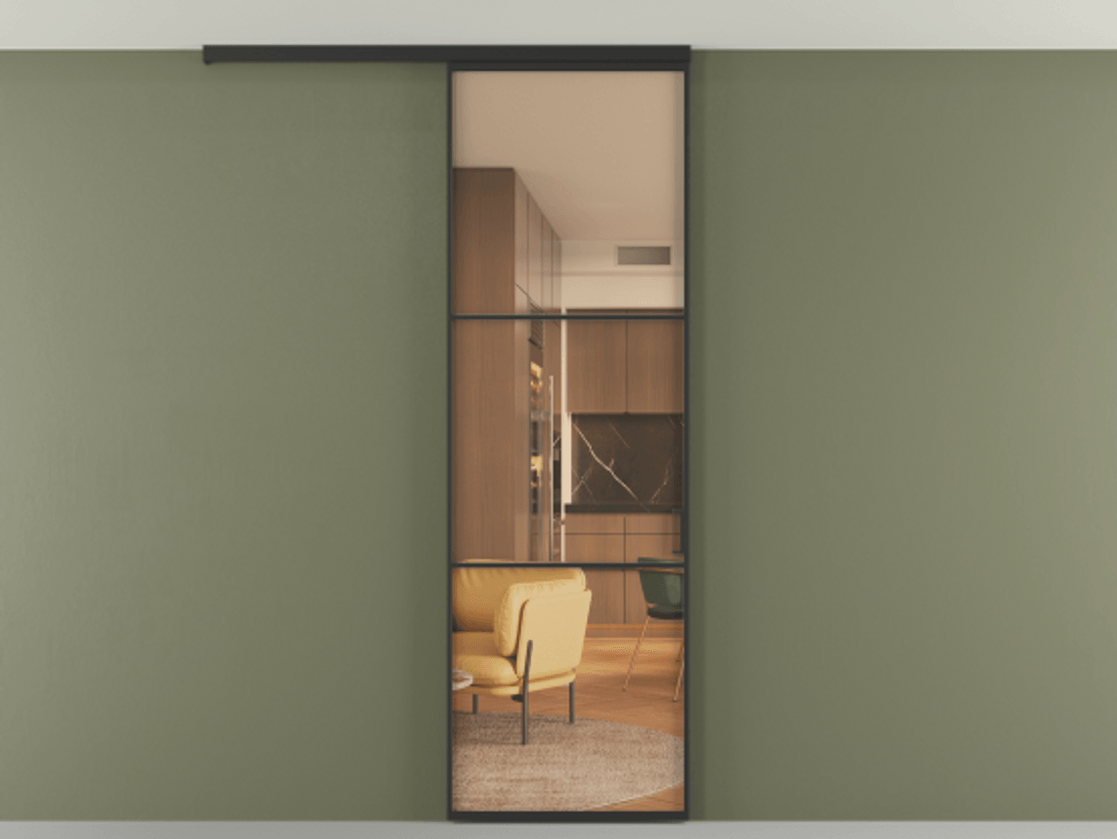 Перегородка Формато вдоль стены на потолок 1 створка АЛПР 040.03 Алюминий Черный Прозрачное оранжевое стекло, триплекс Цена 628500 AMD | Volhovec