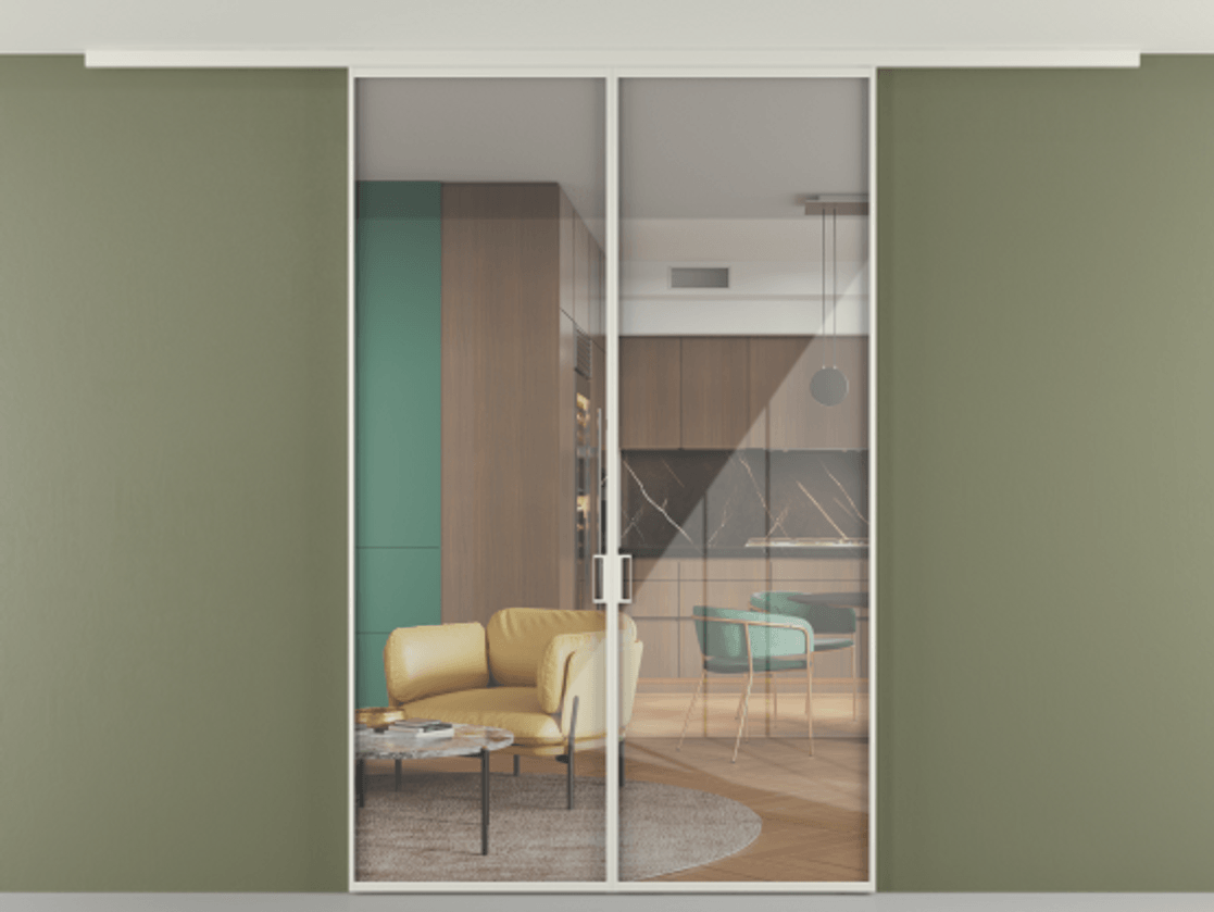 Перегородка Формато вдоль стены на потолок 2 створки АЛПР 040.01 Алюминий Белый Рефлективное прозрачное стекло "Стопсол", калёное Цена 1507010 AMD | Volhovec