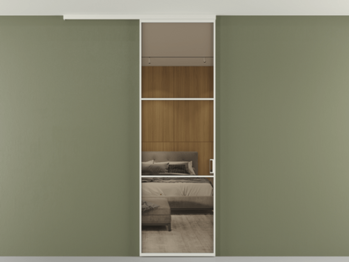 Перегородка Formato вдоль стены на потолок 1 створка АЛПР 040.03 Алюминий Белый Рефлективное бронзовое стекло "Stopsol", калёное Цена 120850 ₽ | Volhovec