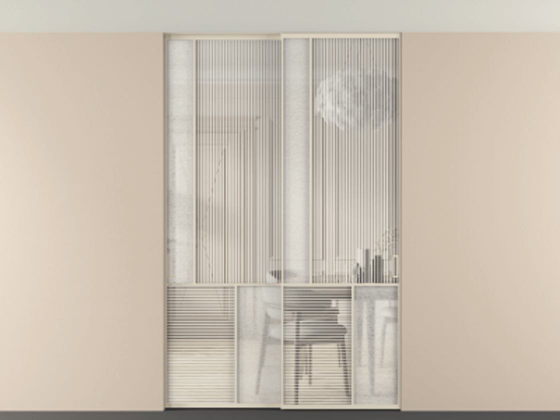 Перегородка Мозаик внутри проёма скрытое крепление в потолок 2 створки АЛПР 041.20 Алюминий бежево-серый Рифлёное стекло "Дюна", триплекс, 6 мм + Фактурное стекло "Лёд", триплекс Цена 2296870 AMD | Volhovec