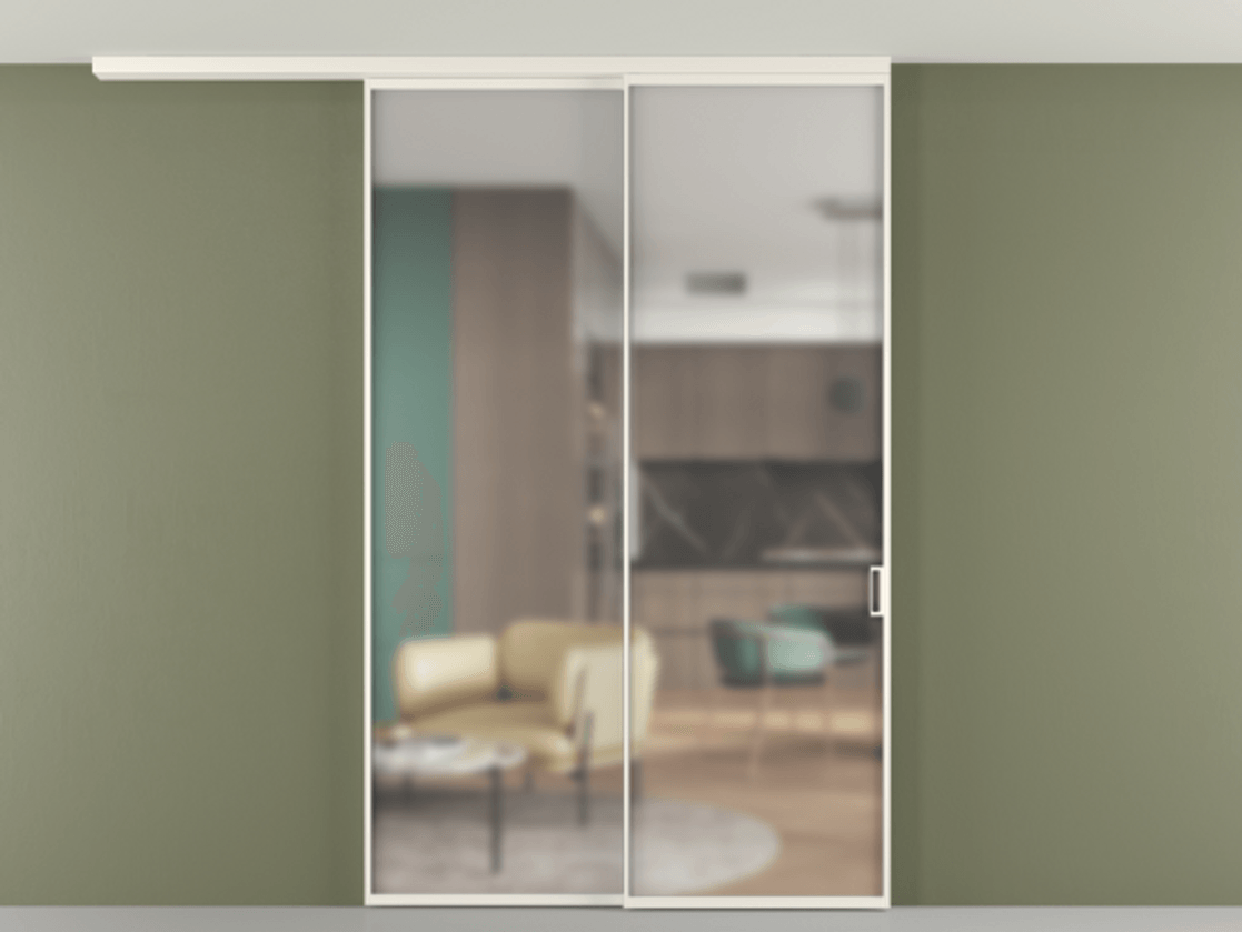 Перегородка Формато вдоль стены на потолок 2 створки с синхронным механизмом АЛПР 040.01 Алюминий пудровый белый Сатинированное стекло "Мателюкс Кристал Вижн", калёное, матовое, каленое 6 мм Цена 16430 AZE | Volhovec