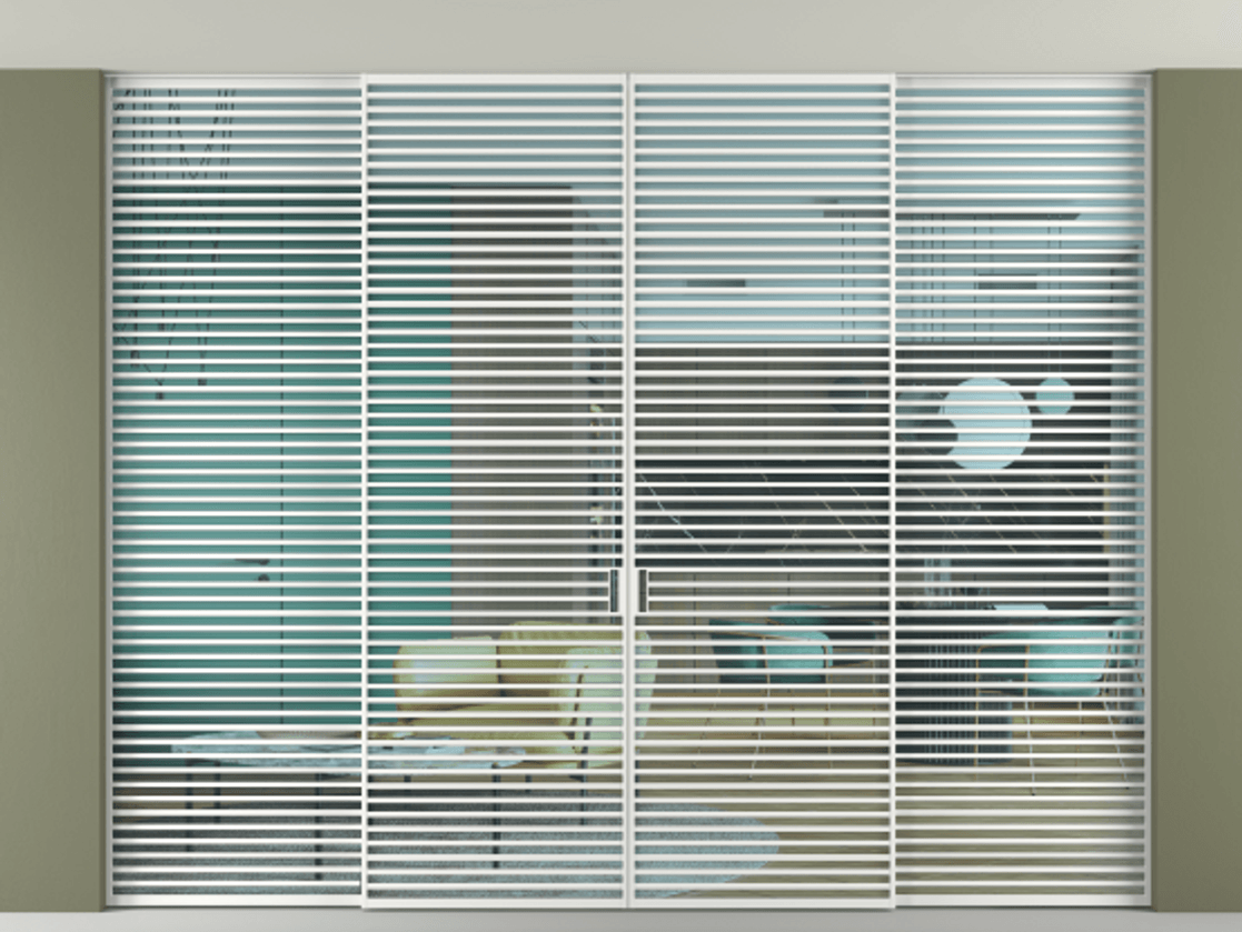 Перегородка Formato внутри проёма скрытое крепление в потолок 4 створки АЛПР 040.07 Алюминий белоснежный Прозрачное голубое стекло, триплекс Цена 5408800 AMD | Volhovec