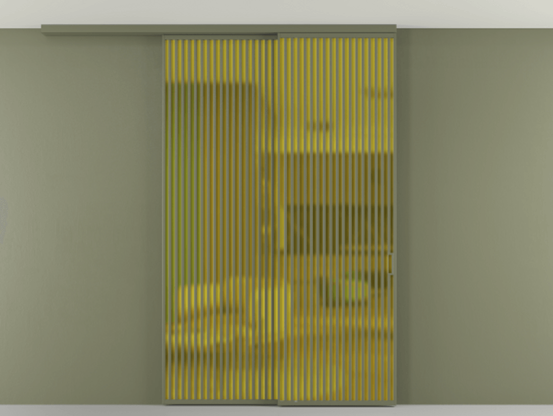 Перегородка Formato вдоль стены на потолок 2 створки с синхронным механизмом АЛПР 040.06 Алюминий оливковый тёмный Сатинированное жёлтое стекло, триплекс Цена 2909500 AMD | Volhovec