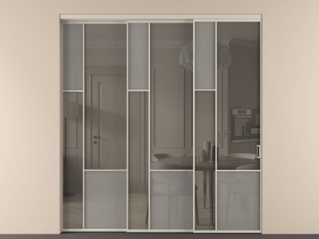 Перегородка Мозаик внутри проёма 3 створки с синхронным механизмом АЛПР 041.13 Алюминий светло-бежевый Сатинированное серое стекло, триплекс, 6 мм + Прозрачное серое стекло, триплекс Цена 2949760 AMD | Volhovec