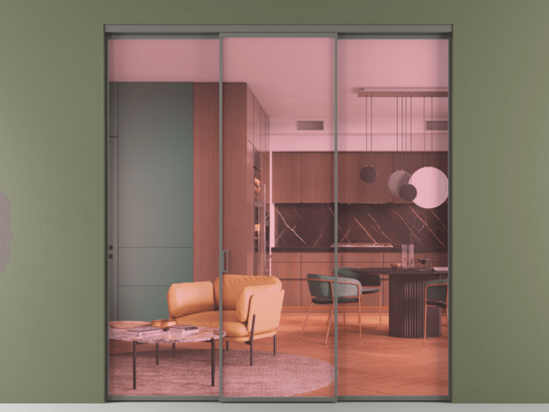 Перегородка Formato внутри проёма 3 створки АЛПР 040.01 Алюминий классический серый Прозрачное розовое стекло, триплекс Цена 1518200 AMD | Volhovec