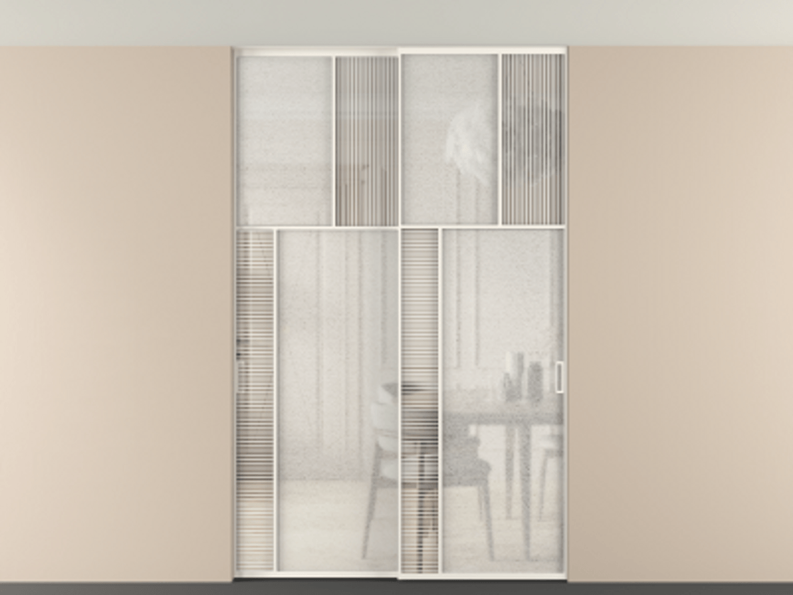 Перегородка Мозаик внутри проёма скрытое крепление в потолок 2 створки АЛПР 041.22 Алюминий пудровый белый Рифлёное стекло "Дюна", триплекс, 6 мм + Фактурное стекло "Лёд", триплекс Цена 2296870 AMD | Volhovec