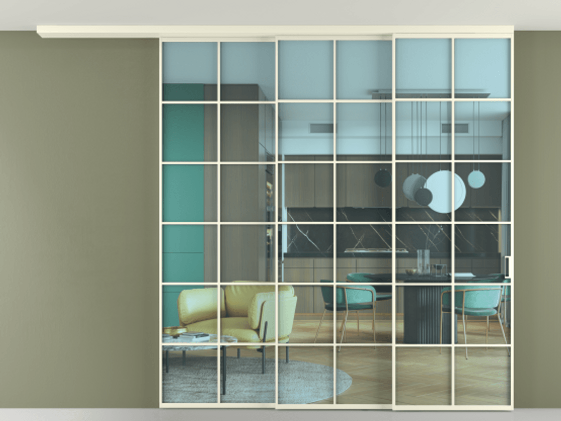 Перегородка Формато вдоль стены на потолок 3 створки с синхронным механизмом АЛПР 040.05 Алюминий молочно-белый Прозрачное голубое стекло, триплекс Цена 2719700 AMD | Volhovec