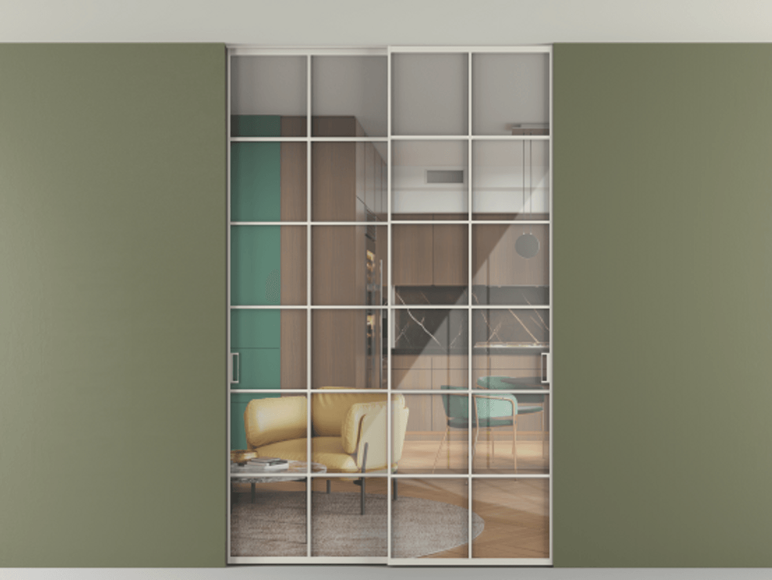 Перегородка Формато внутри проёма скрытое крепление в потолок 2 створки АЛПР 040.05 Алюминий облачно-серый Рефлективное прозрачное стекло "Стопсол", калёное Цена 2176150 AMD | Volhovec