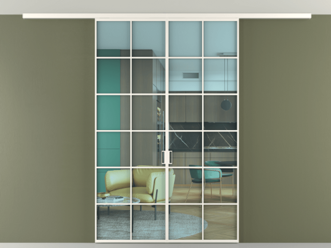 Перегородка Формато вдоль стены на потолок 2 створки АЛПР 040.05 Алюминий пудровый белый Прозрачное голубое стекло, триплекс Цена 1345300 AMD | Volhovec