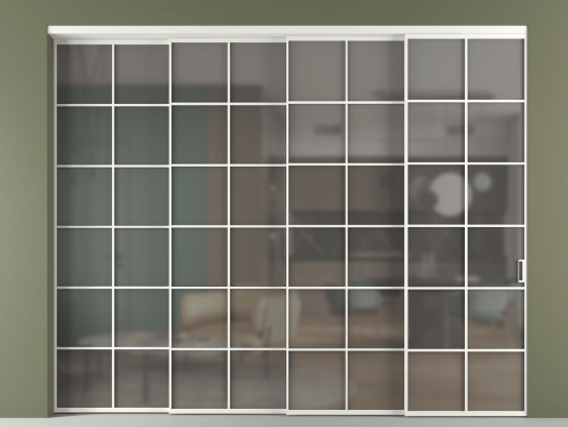 Перегородка Формато внутри проёма 4 створки с синхронным механизмом АЛПР 040.05 Алюминий светло-серый Сатинированное серое стекло, триплекс Цена 3295660 AMD | Volhovec