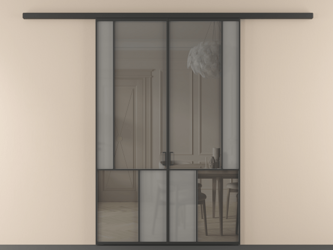 Перегородка Mosaic вдоль стены 2 створки АЛПР 041.21 Алюминий Черный Сатинированное серое стекло, триплекс, 6 мм + Прозрачное серое стекло, триплекс Цена 1713520 AMD | Volhovec