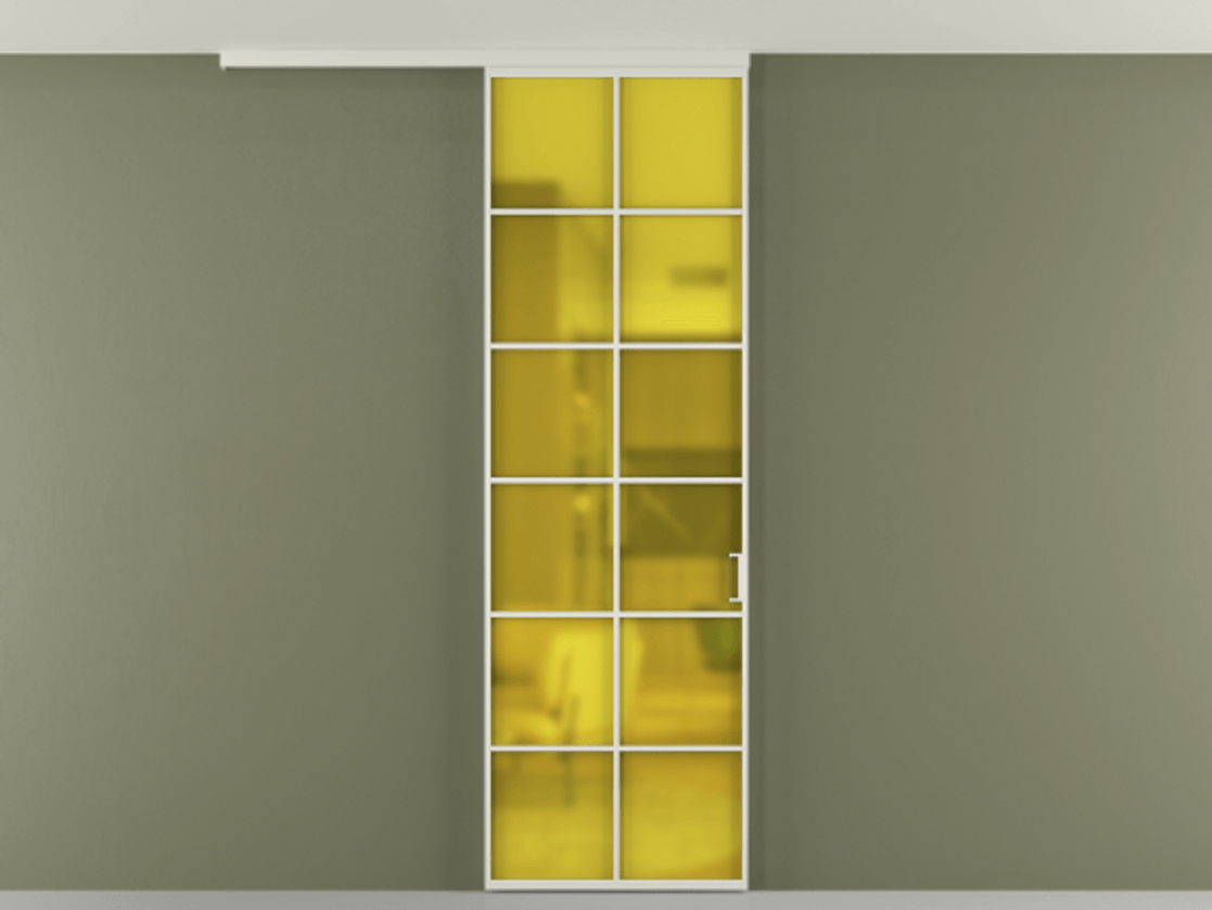 Перегородка Формато вдоль стены на потолок 1 створка АЛПР 040.05 Алюминий Белый Сатинированное жёлтое стекло, триплекс Цена 669600 AMD | Volhovec