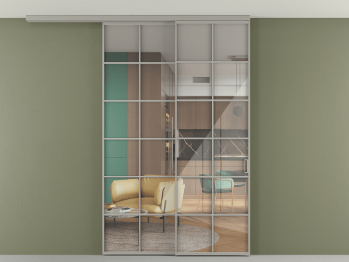 Перегородка Формато вдоль стены на потолок 2 створки с синхронным механизмом АЛПР 040.05 Алюминий нейтральный серый Рефлективное прозрачное стекло "Стопсол", калёное Цена 2053570 AMD | Volhovec