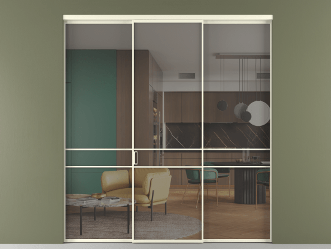 Перегородка Формато внутри проёма 3 створки АЛПР 040.02 Алюминий молочно-белый Рефлективное серое стекло "Стопсол", калёное Цена 2141890 AMD | Volhovec