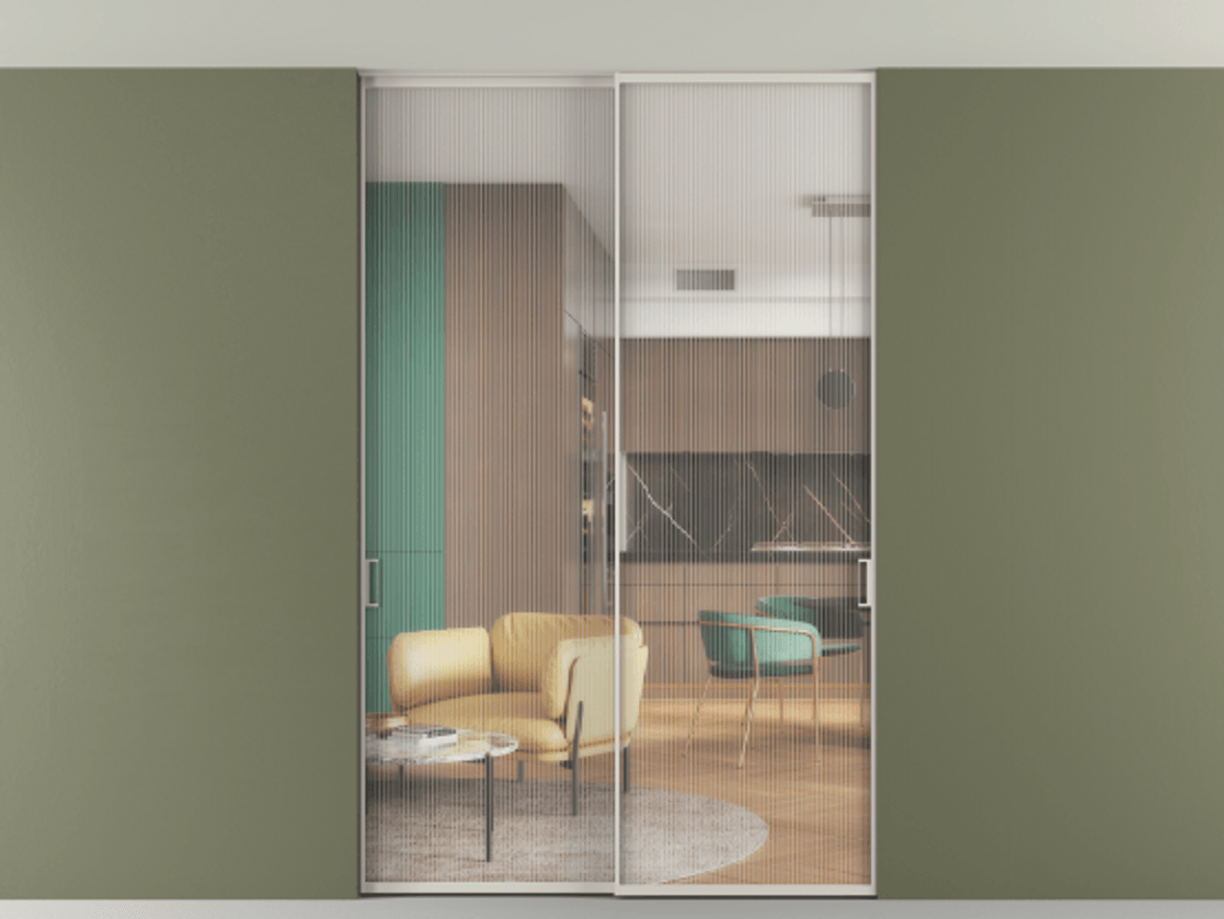 Перегородка Formato внутри проёма скрытое крепление в потолок 2 створки АЛПР 040.01 Алюминий облачно-серый Рифлёное стекло "Moru", триплекс Цена 1694801 AMD | Volhovec