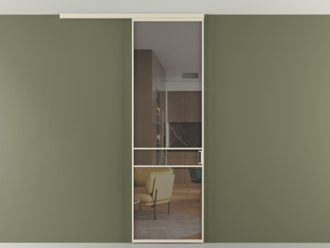 Перегородка Формато вдоль стены на потолок 1 створка АЛПР 040.02 Алюминий бежево-серый Прозрачное серое стекло, триплекс Цена 653210 AMD | Volhovec