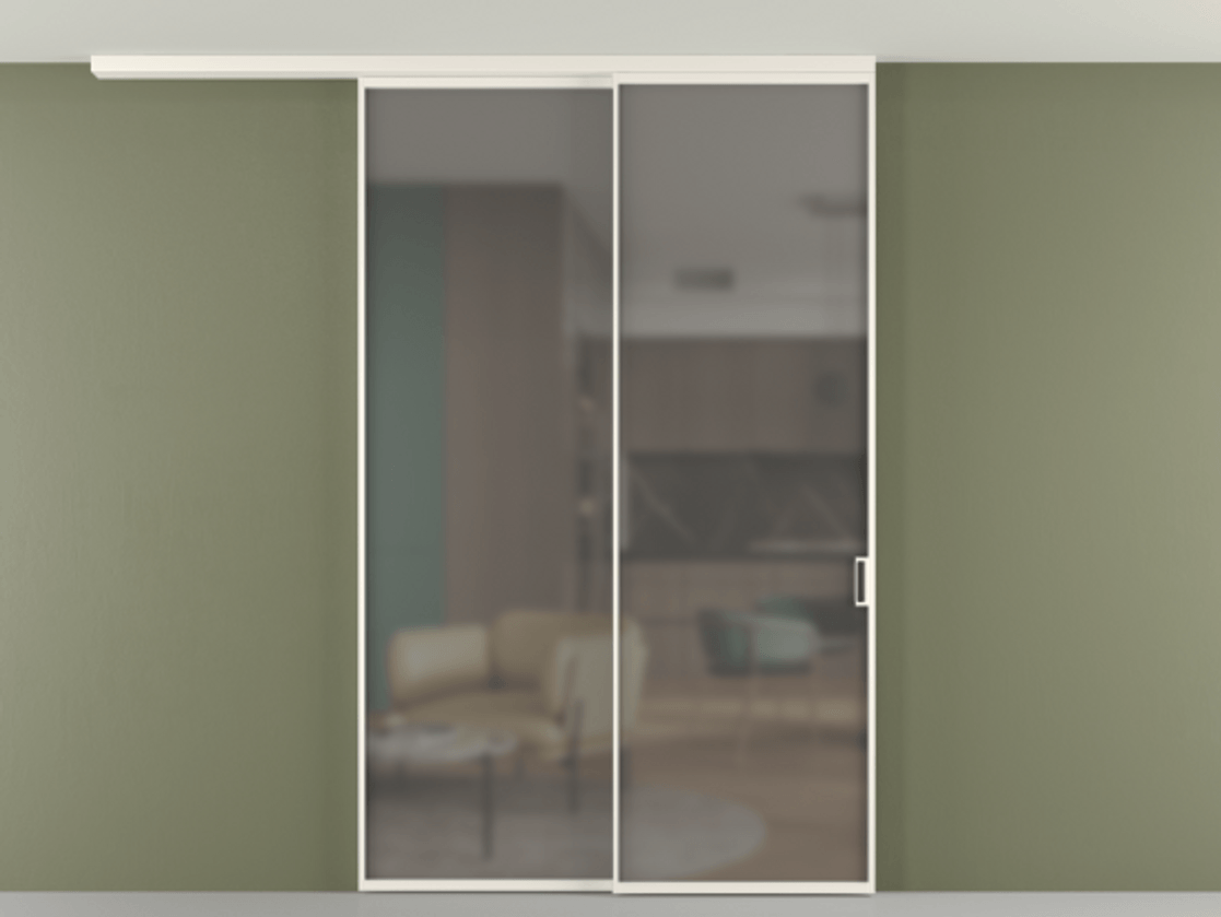 Перегородка Формато вдоль стены на потолок 2 створки с синхронным механизмом АЛПР 040.01 Алюминий пудровый белый Сатинированное серое стекло, триплекс Цена 2017400 AMD | Volhovec