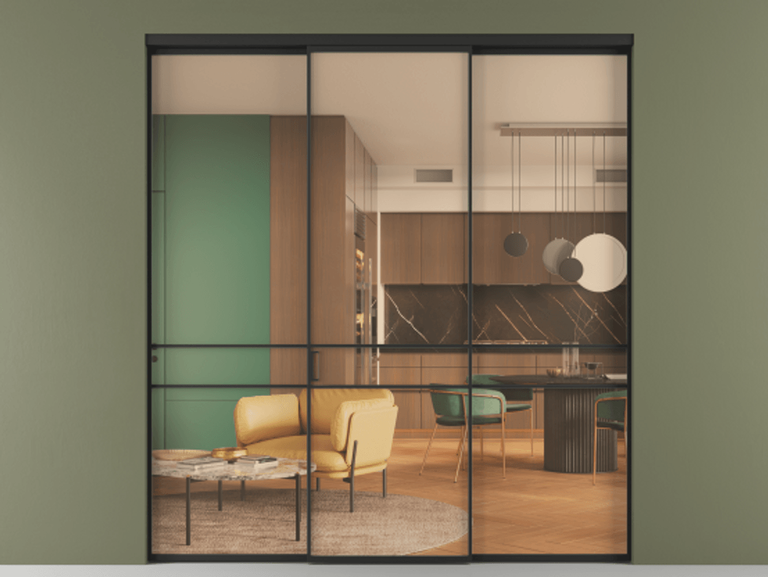 Перегородка Формато внутри проёма 3 створки АЛПР 040.02 Алюминий Черный Прозрачное оранжевое стекло, триплекс Цена 1537500 AMD | Volhovec