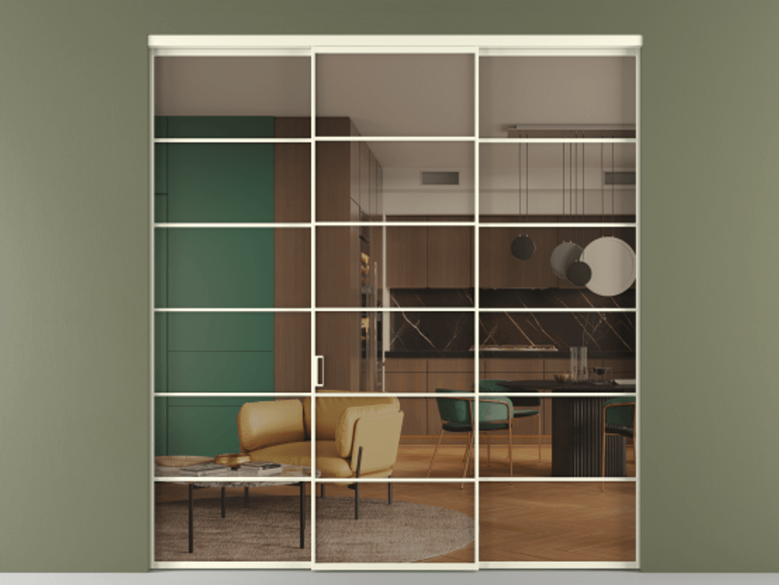 Перегородка Формато внутри проёма 3 створки АЛПР 040.04 Алюминий молочно-белый Прозрачное бронзовое стекло, триплекс Цена 1718540 AMD | Volhovec