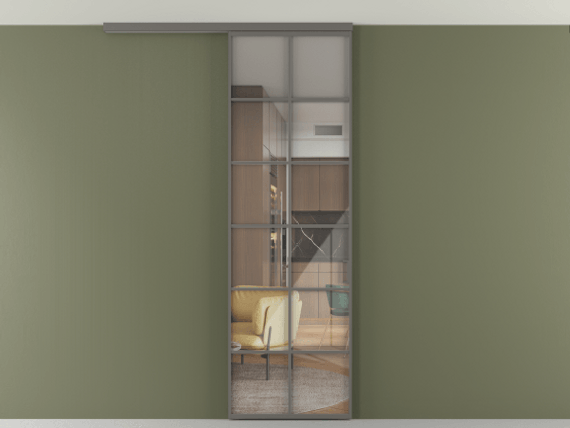 Перегородка Формато вдоль стены на потолок 1 створка АЛПР 040.05 Алюминий классический серый Рефлективное прозрачное стекло "Стопсол", калёное Цена 770520 AMD | Volhovec