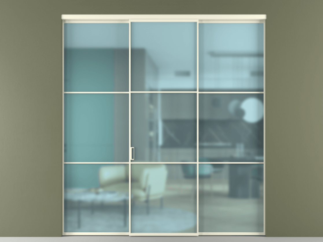 Перегородка Формато внутри проёма 3 створки АЛПР 040.03 Алюминий молочно-белый Сатинированное голубое стекло, триплекс Цена 1600200 AMD | Volhovec