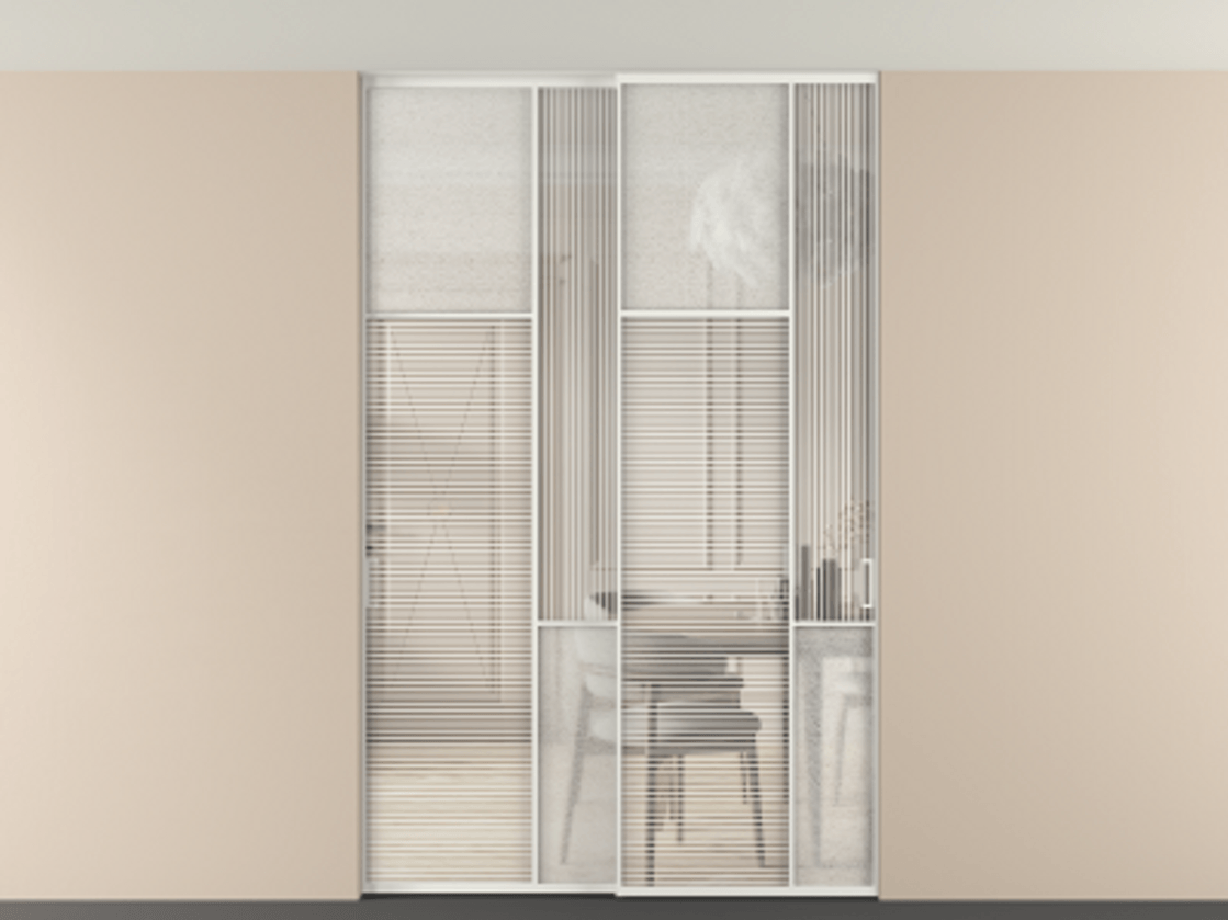 Перегородка Мозаик внутри проёма скрытое крепление в потолок 2 створки АЛПР 041.10 Алюминий светло-серый Рифлёное стекло "Дюна", триплекс, 6 мм + Фактурное стекло "Лёд", триплекс. Цена 2296870 AMD . Фабрика дверей Волховец 8 (800) 551 43 19 Перегородка Мозаик внутри проёма скрытое крепление в потолок 2 створки АЛПР 041.10 Алюминий светло-серый Рифлёное стекло "Дюна", триплекс, 6 мм + Фактурное стекло "Лёд", триплекс Цена 2296870 AMD | Volhovec