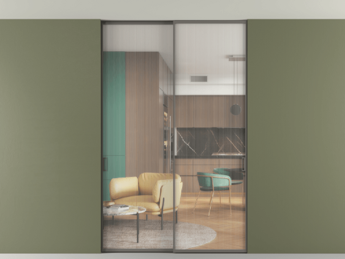 Перегородка Формато внутри проёма скрытое крепление в потолок 2 створки АЛПР 040.01 Алюминий классический серый Рифлёное стекло "Мору", триплекс. Цена 1694801 AMD 1. Полотно 2 шт. (800/2100 мм)
2. Комплект установки раздвижной системы
3. Базовый комплект фурнитуры
4. Ручка Рондо. Фабрика дверей Волховец 8 (800) 551 43 19 Перегородка Формато внутри проёма скрытое крепление в потолок 2 створки АЛПР 040.01 Алюминий классический серый Рифлёное стекло "Мору", триплекс Цена 1694801 AMD | Volhovec