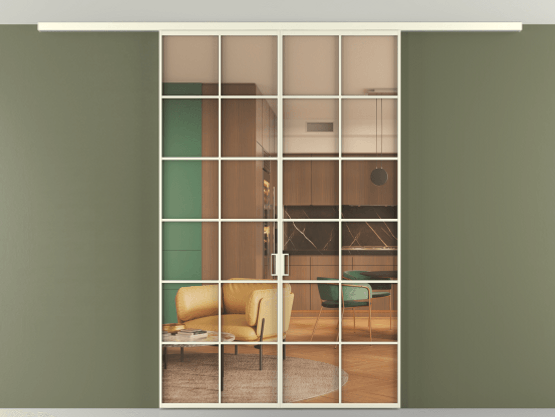 Перегородка Формато вдоль стены на потолок 2 створки АЛПР 040.05 Алюминий молочно-белый Прозрачное оранжевое стекло, триплекс Цена 1345300 AMD | Volhovec