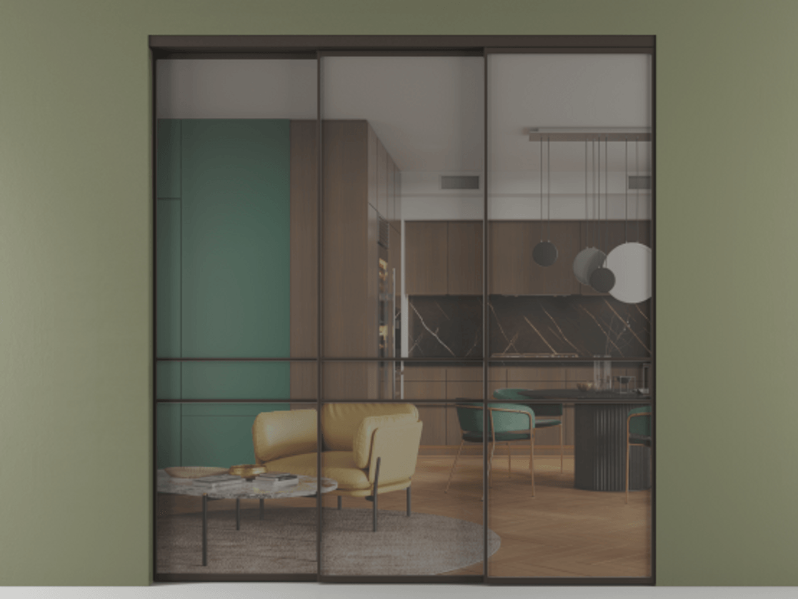 Перегородка Формато внутри проёма 3 створки с синхронным механизмом АЛПР 040.02 Алюминий антрацит Прозрачное серое стекло, триплекс Цена 1956370 AMD  | Volhovec
