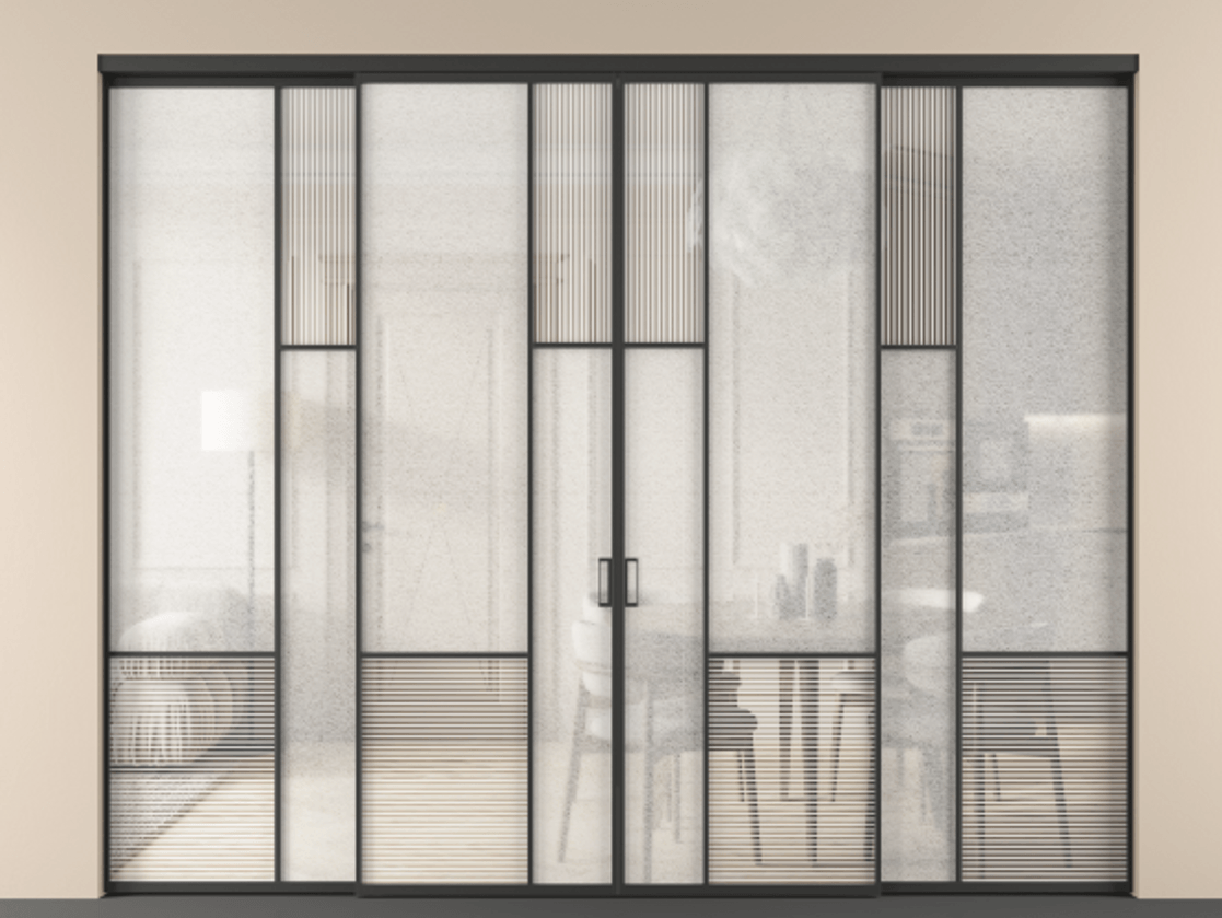 Перегородка Мозаик внутри проёма 4 створки АЛПР 041.13 Алюминий Черный Рифлёное стекло "Дюна", триплекс, 6 мм + Фактурное стекло "Лёд", триплекс Цена 3196390 AMD | Volhovec