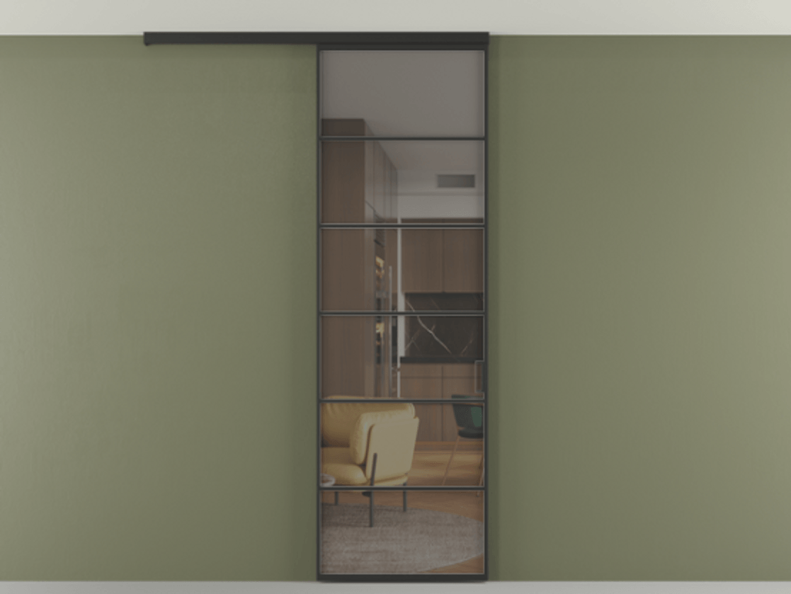 Перегородка Formato вдоль стены на потолок одностворчатая АЛПР 040.04 Алюминий Черный Прозрачное серое стекло, триплекс, 6 мм Цена 114040 ₽ | Volhovec