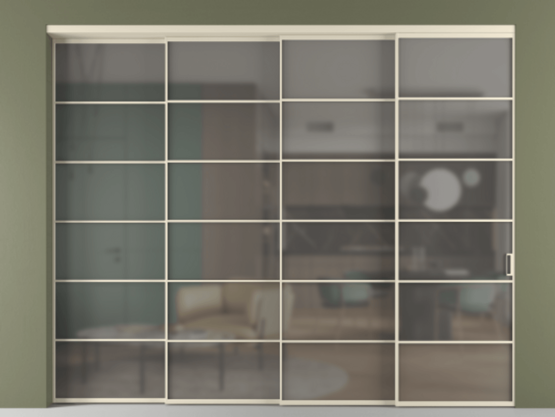 Перегородка Формато внутри проёма 4 створки с синхронным механизмом АЛПР 040.04 Алюминий бежево-серый Сатинированное серое стекло, триплекс. Цена 3295660 AMD 1. Полотно 4 шт. (800/2100 мм)
2. Комплект установки раздвижной системы
3. Базовый комплект фурнитуры
4. Комплект фурнитуры телескопик синхро-3
5. Ручка Рондо. Фабрика дверей Волховец 8 (800) 551 43 19 Перегородка Формато внутри проёма 4 створки с синхронным механизмом АЛПР 040.04 Алюминий бежево-серый Сатинированное серое стекло, триплекс Цена 3295660 AMD | Volhovec