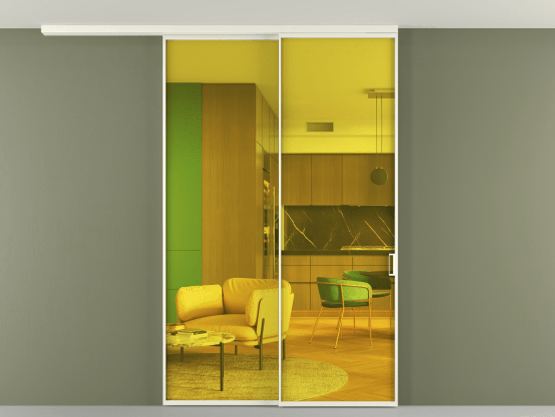 Перегородка Formato вдоль стены на потолок 2 створки с синхронным механизмом АЛПР 040.01 Алюминий жемчужный Прозрачное жёлтое стекло, триплекс Цена 1810600 AMD | Volhovec