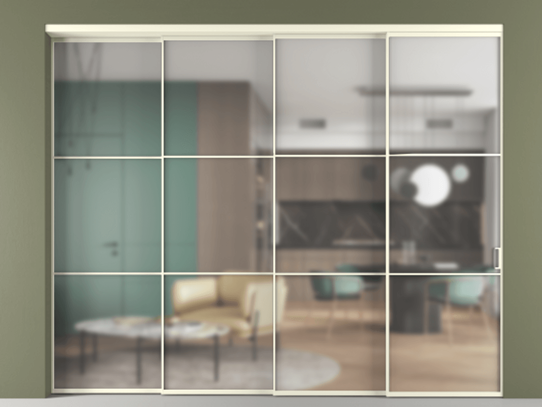 Перегородка Формато внутри проёма 4 створки с синхронным механизмом АЛПР 040.03 Алюминий молочно-белый Сатинированное стекло "Мателюкс Кристал Вижн", калёное, матовое, каленое 6 мм Цена 3748320 AMD | Volhovec