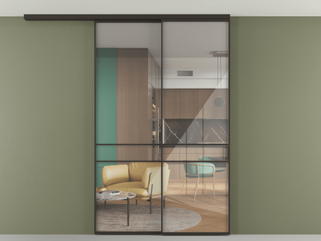 Перегородка Формато вдоль стены на потолок 2 створки с синхронным механизмом АЛПР 040.02 Алюминий антрацит Рефлективное прозрачное стекло "Стопсол", калёное Цена 1960990 AMD | Volhovec