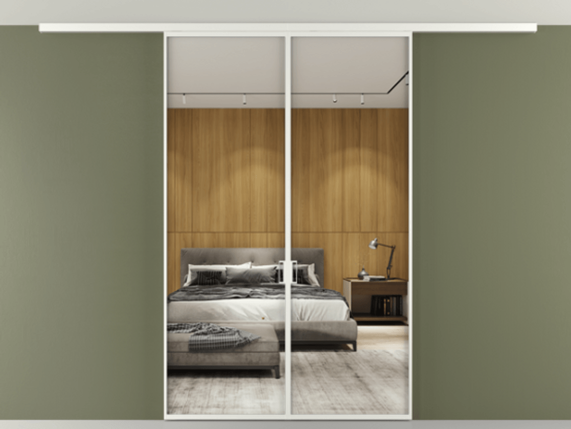 Перегородка Формато вдоль стены на потолок 2 створки АЛПР 040.01 Алюминий светло-серый Двустороннее зеркало, триплекс , триплекс 6 мм Цена 1456970 AMD | Volhovec