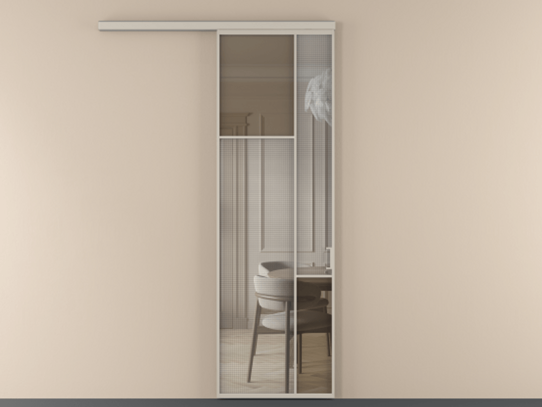 Перегородка Mosaic вдоль стены 1 створка АЛПР 041.10 Алюминий светло-бежевый Декоративное стекло с сеткой "Mesh silver", триплекс, 6 мм + Прозрачное бронзовое стекло, триплекс Цена 964590 AMD | Volhovec