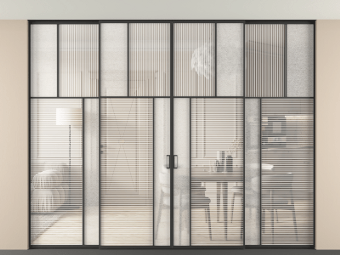 Перегородка Mosaic внутри проёма скрытое крепление в потолок 4 створки АЛПР 041.22 Алюминий Черный Рифлёное стекло "Дюна", триплекс, 6 мм + Фактурное стекло "Лёд", триплекс Цена 31600 AZE | Volhovec