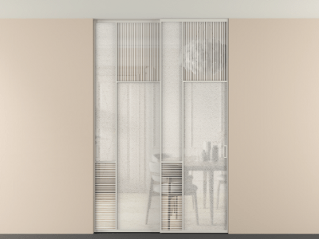 Перегородка Мозаик внутри проёма скрытое крепление в потолок 2 створки АЛПР 041.11 Алюминий тёплый серый Рифлёное стекло "Дюна", триплекс, 6 мм + Фактурное стекло "Лёд", триплекс Цена 2296870 AMD | Volhovec