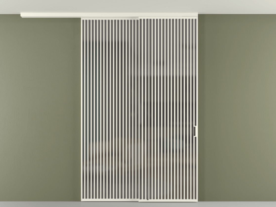 Перегородка Формато вдоль стены на потолок 2 створки с синхронным механизмом АЛПР 040.06 Алюминий жемчужный Сатинированное серое стекло, триплекс Цена 3037880 AMD | Volhovec