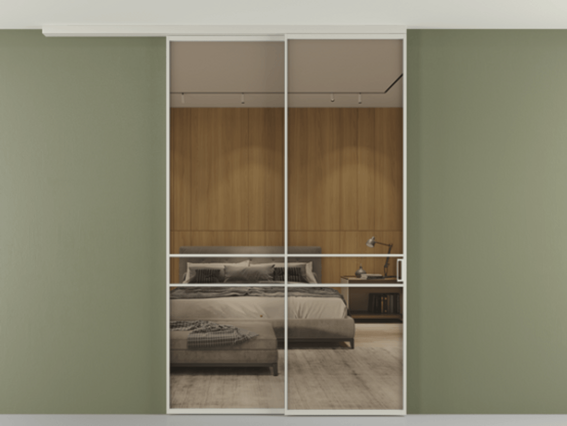 Перегородка Формато вдоль стены на потолок 2 створки с синхронным механизмом АЛПР 040.02 Алюминий тёплый серый Рефлективное бронзовое стекло "Стопсол", калёное Цена 2205420 AMD | Volhovec